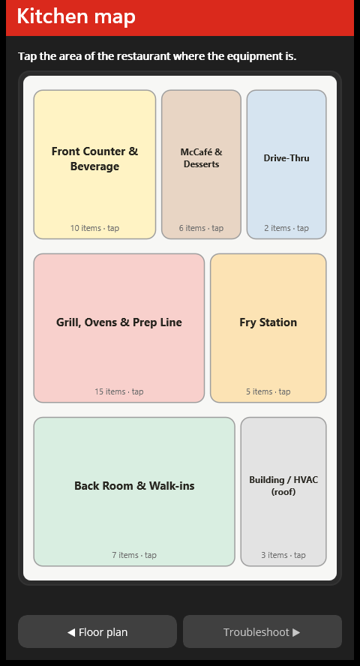 Kitchen map screen with seven tappable areas of the restaurant