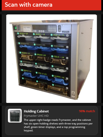 A real scan result: photo of a holding cabinet and the AI's top match with its reason