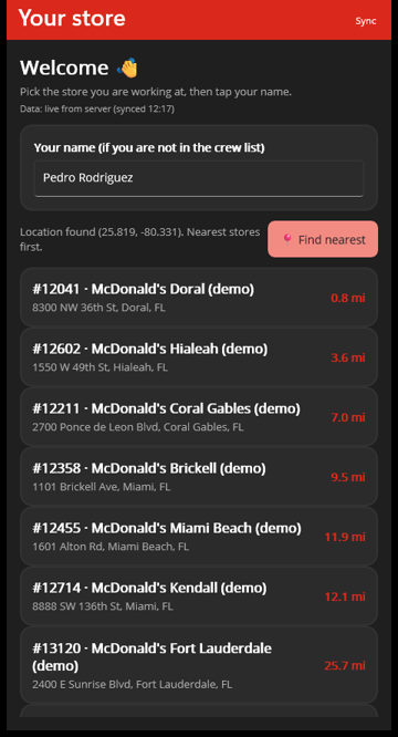 Store screen: nearest McDonald's stores listed by distance